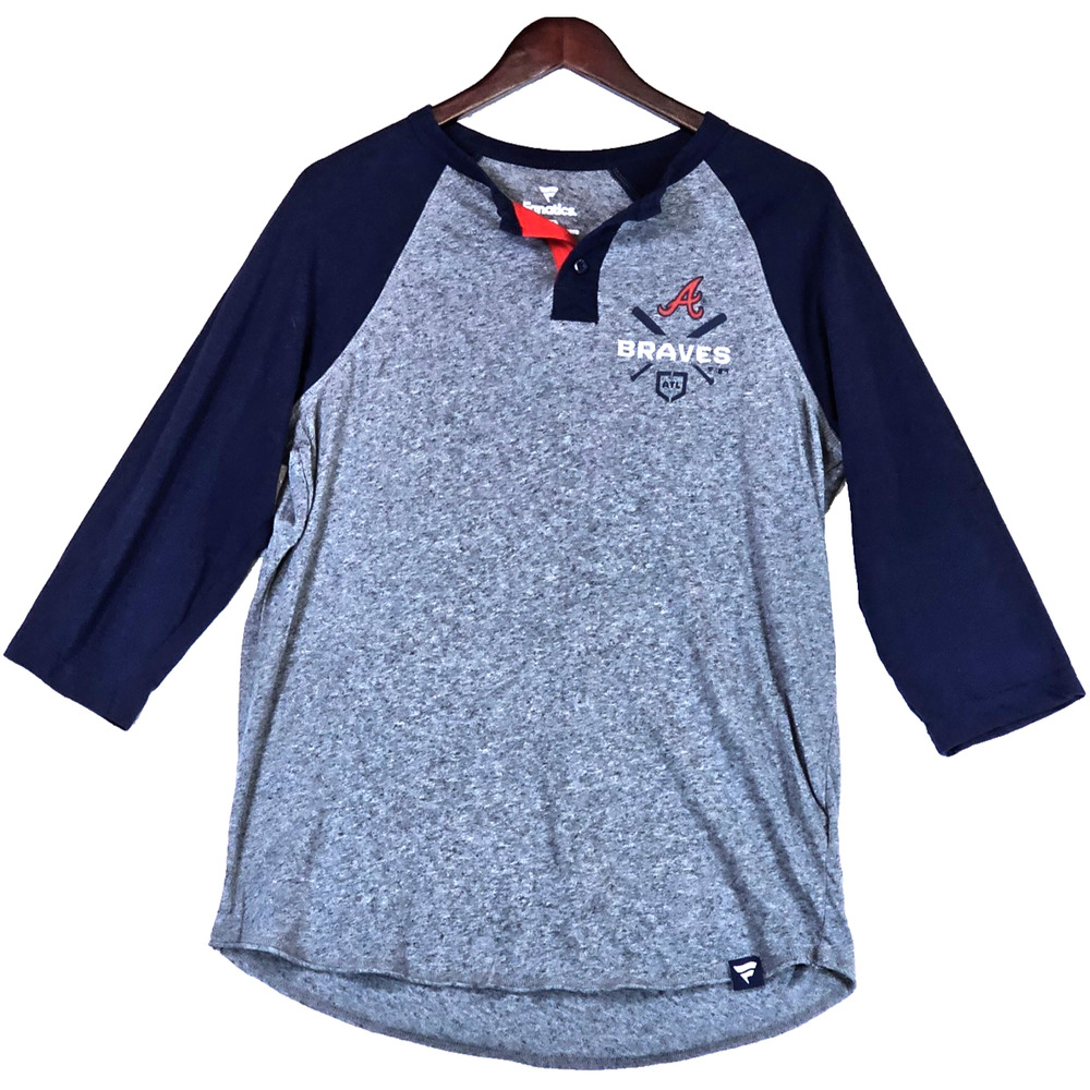 Atlanta Braves Baseball Men's Fanatics Polo Shirt ATL Heather Grey Navy Blue Lg